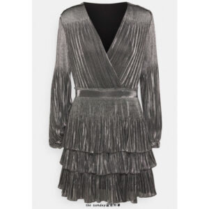 The silver shimmering women's long dress reached the knees
