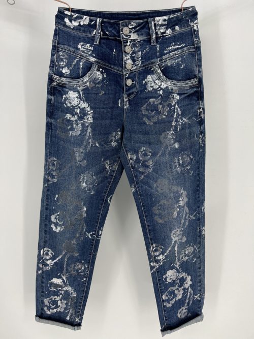 floral print denim jeans, high waist jeans, button fly denim, stretch denim pants, printed jeans, women's fashion jeans, trendy denim, metallic floral jeans, tapered leg jeans, customizable denim
