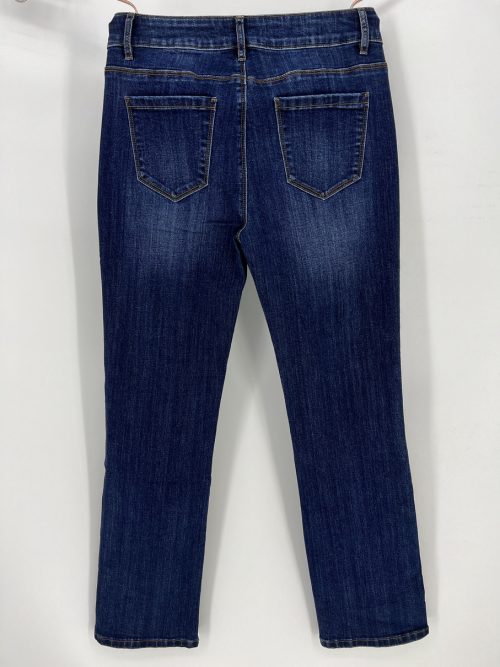 dark wash denim jeans, side button jeans, straight leg denim, mid-rise jeans, casual women's jeans, fashion denim pants, adjustable button jeans, custom logo jeans, stretchy denim, versatile jeans